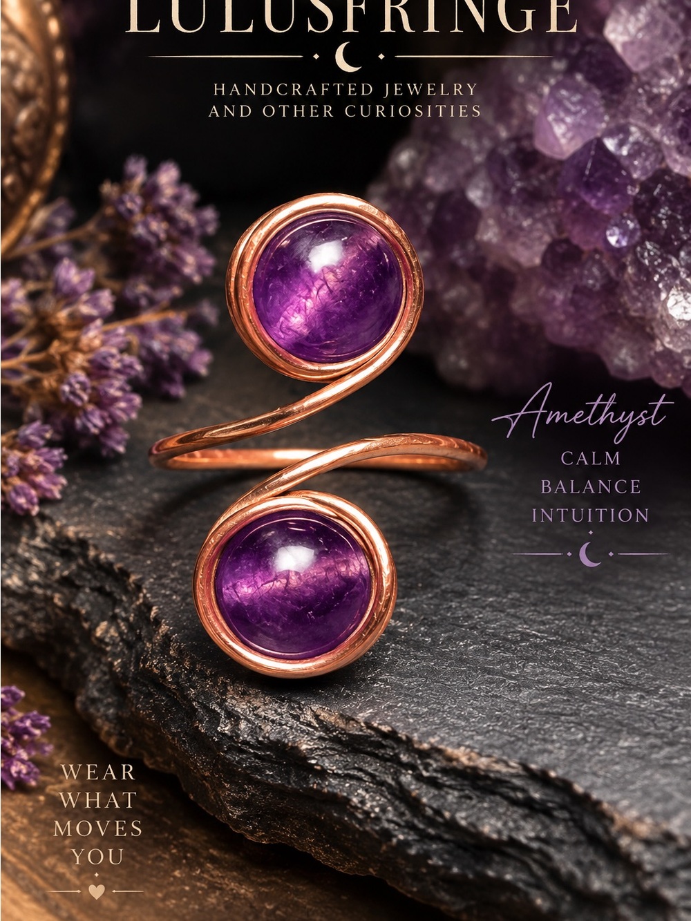 Artisan Amethyst Double-Head Bypass Adjustable Ring — Purple